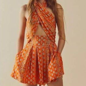 Free People Maryal Romper Boho Wrap Halter in Orange Size Large NWOT